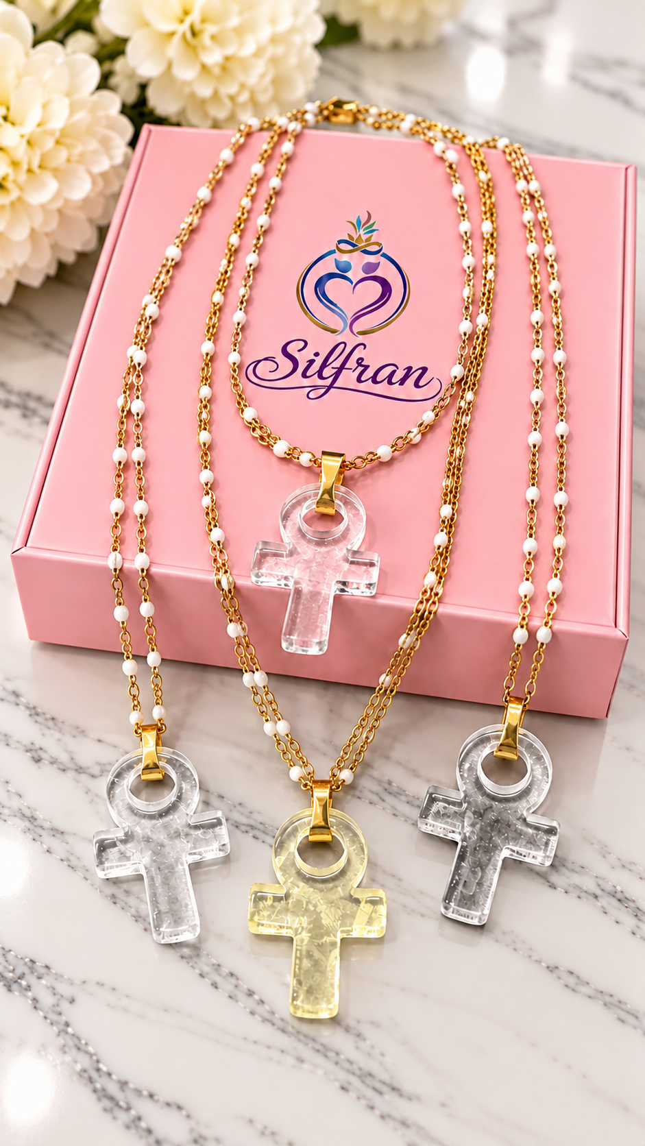 Clear Quartz & Citrine Crystal Ankh Cross Pendant Necklace
