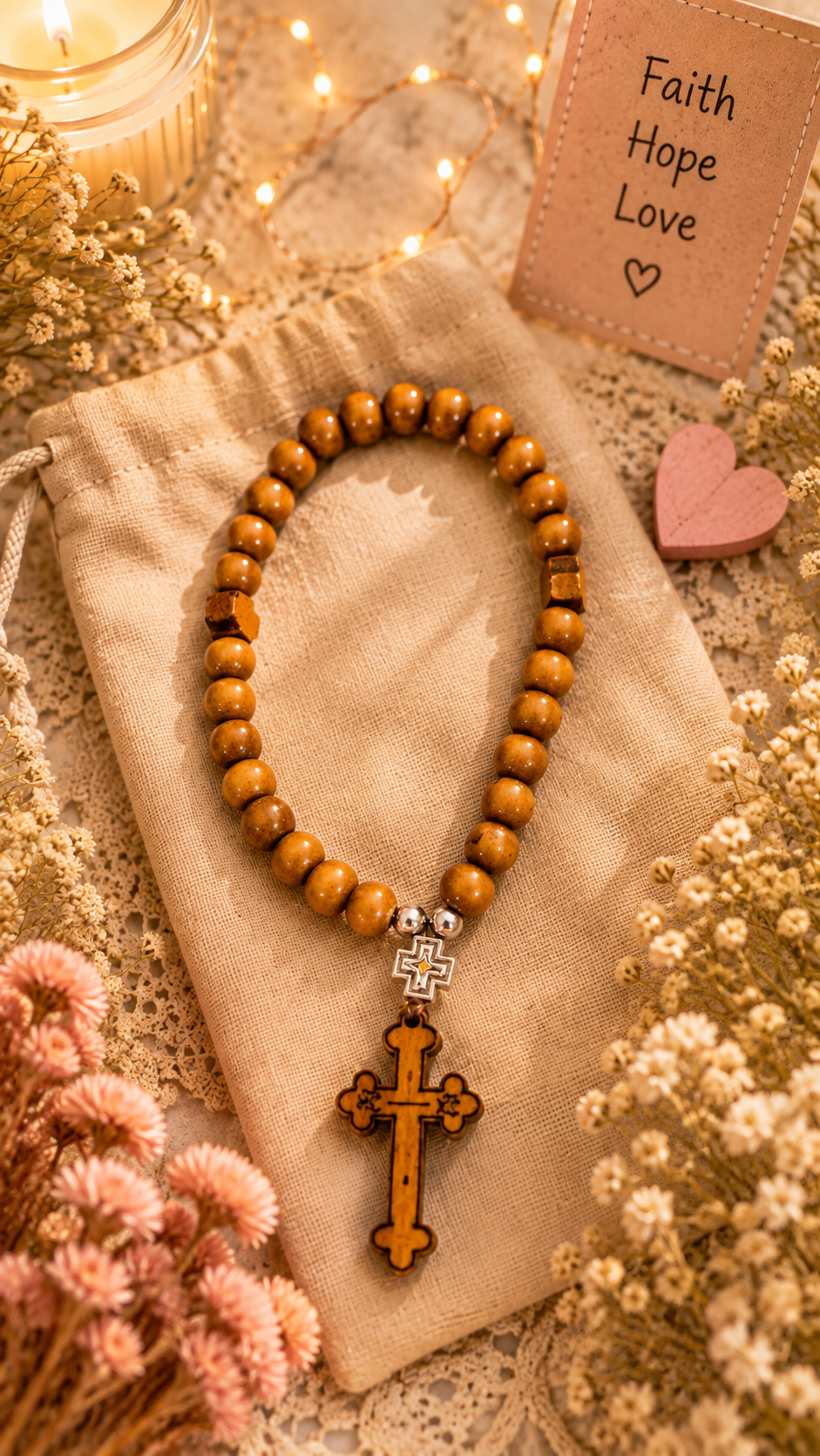 Handmade Wooden Denario Prayer Bracelet with Cross