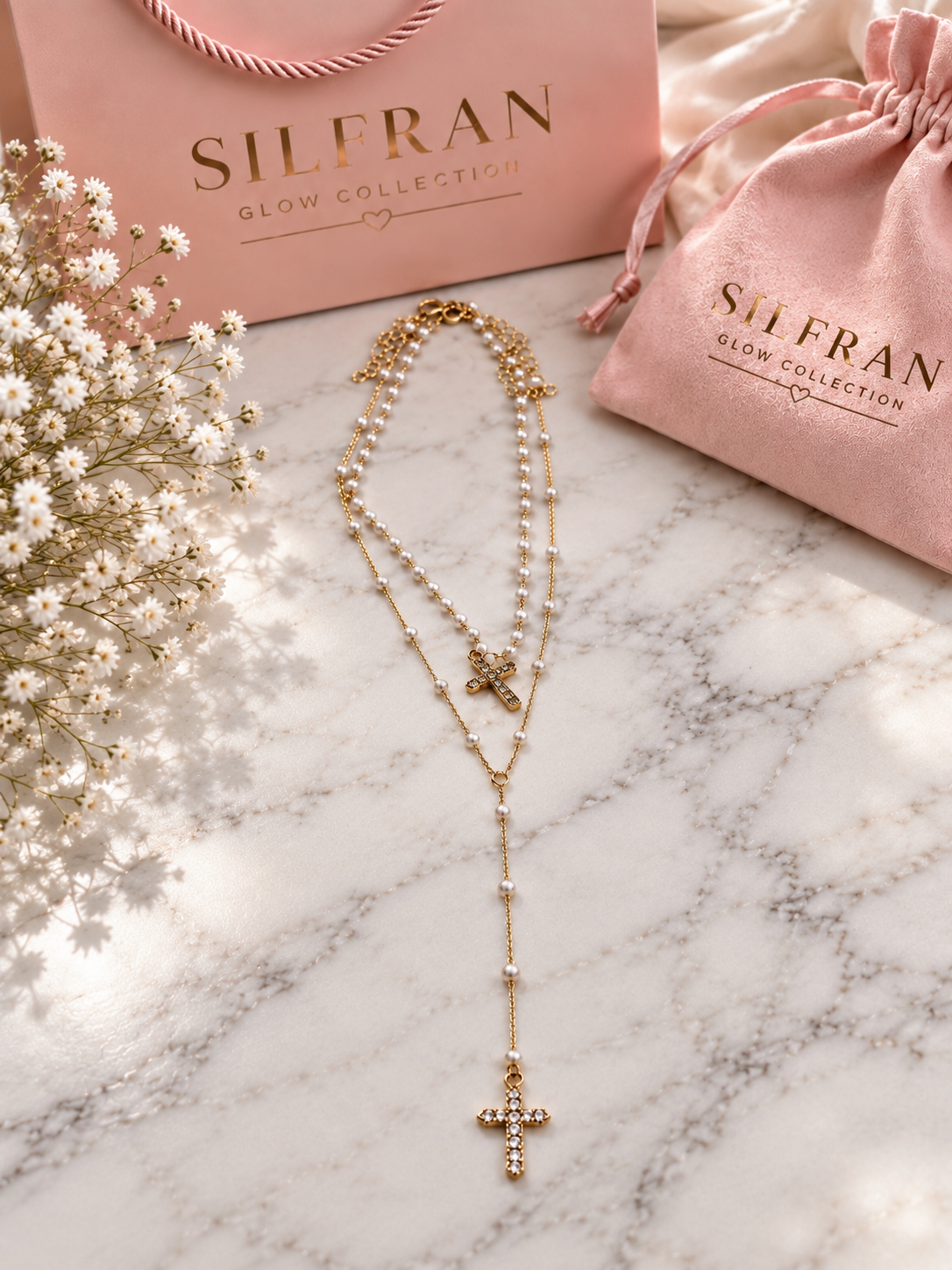 Pearl Glass Rhinestone Cross Pendant Necklace