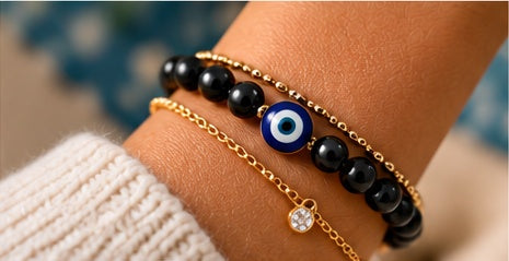 Evil eye bracelet styled for The Silfran Journal