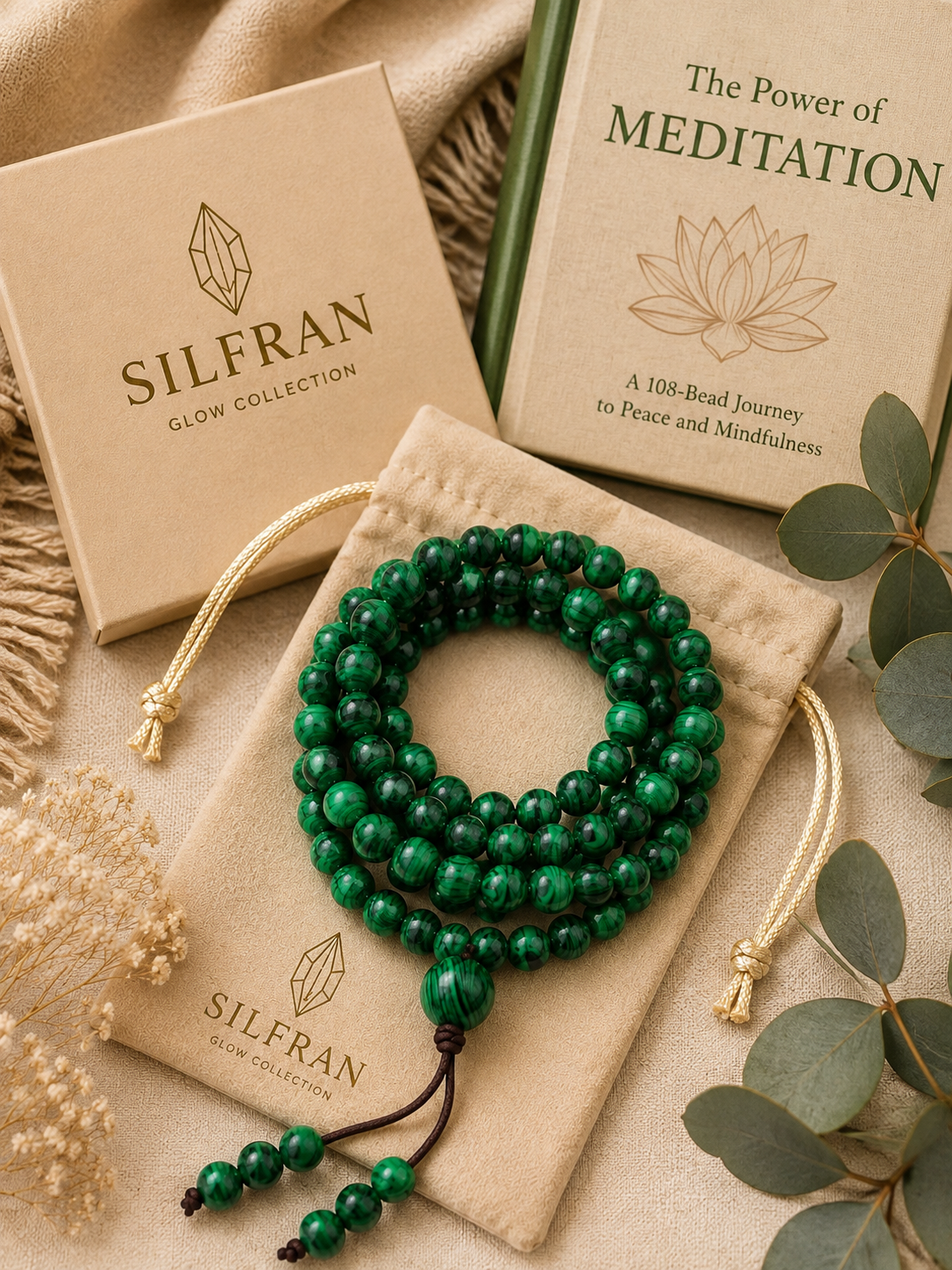 108-Bead Natural Malachite & Tiger Eye Meditation Mala Necklace – 6mm