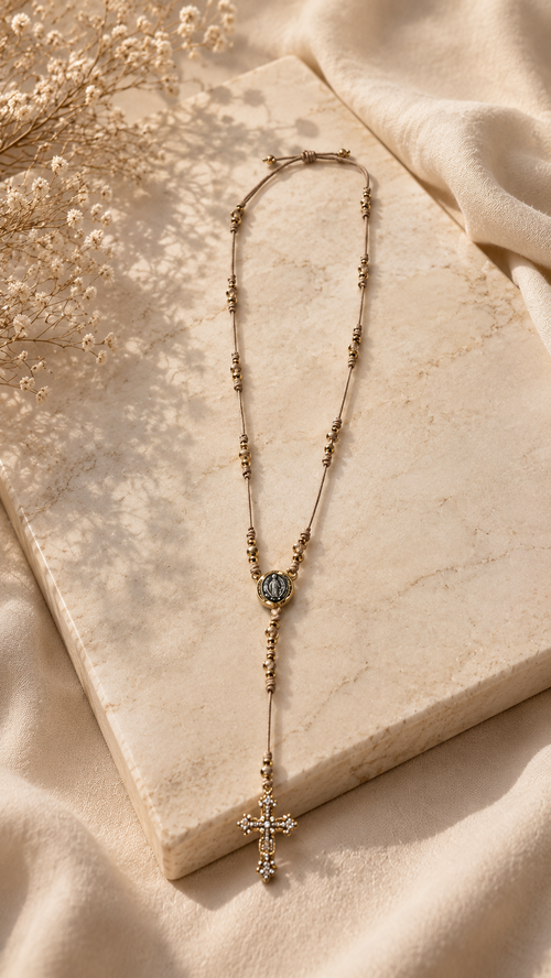 Champagne Crystal & Porcelain Jade Glass Rosary