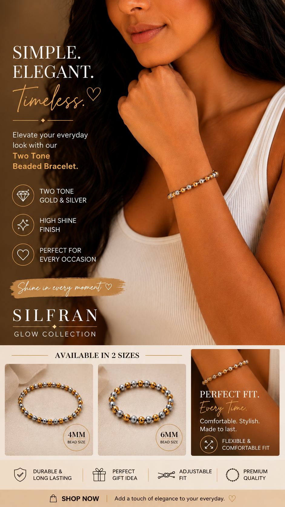 Gold & Silver Two-Tone Beaded Bracelet