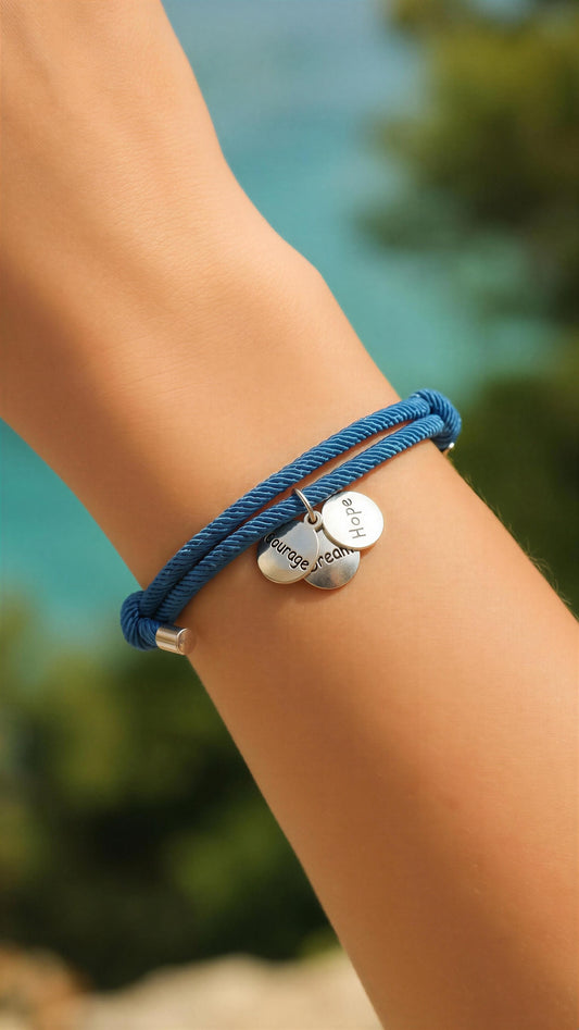 Blue braided bracelet with silver charms on a wrist against a blurred natural background