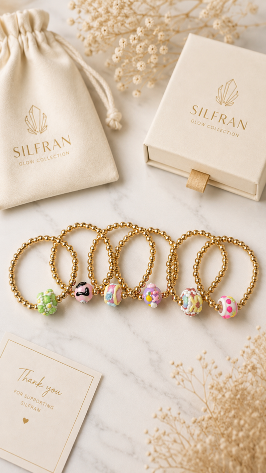 Add a fun and stylish touch to your jewelry collection with our Acrylic Cartoon Focal Bead Gold Hematite Bracelet! 💕✨ This handmade stretch bracelet features shiny 8mm gold hematite beads paired with a unique and colorful large acrylic cartoon focal bead.

Each bracelet has its own playful personality, making it a perfect accessory for adding a pop of color and fun to any outfit! 🌈💖

✨ Details:

* 8mm Gold Hematite Beads
* Large Acrylic Cartoon Focal Bead
* Stretch bracelet for comfortable wear
* Handmad