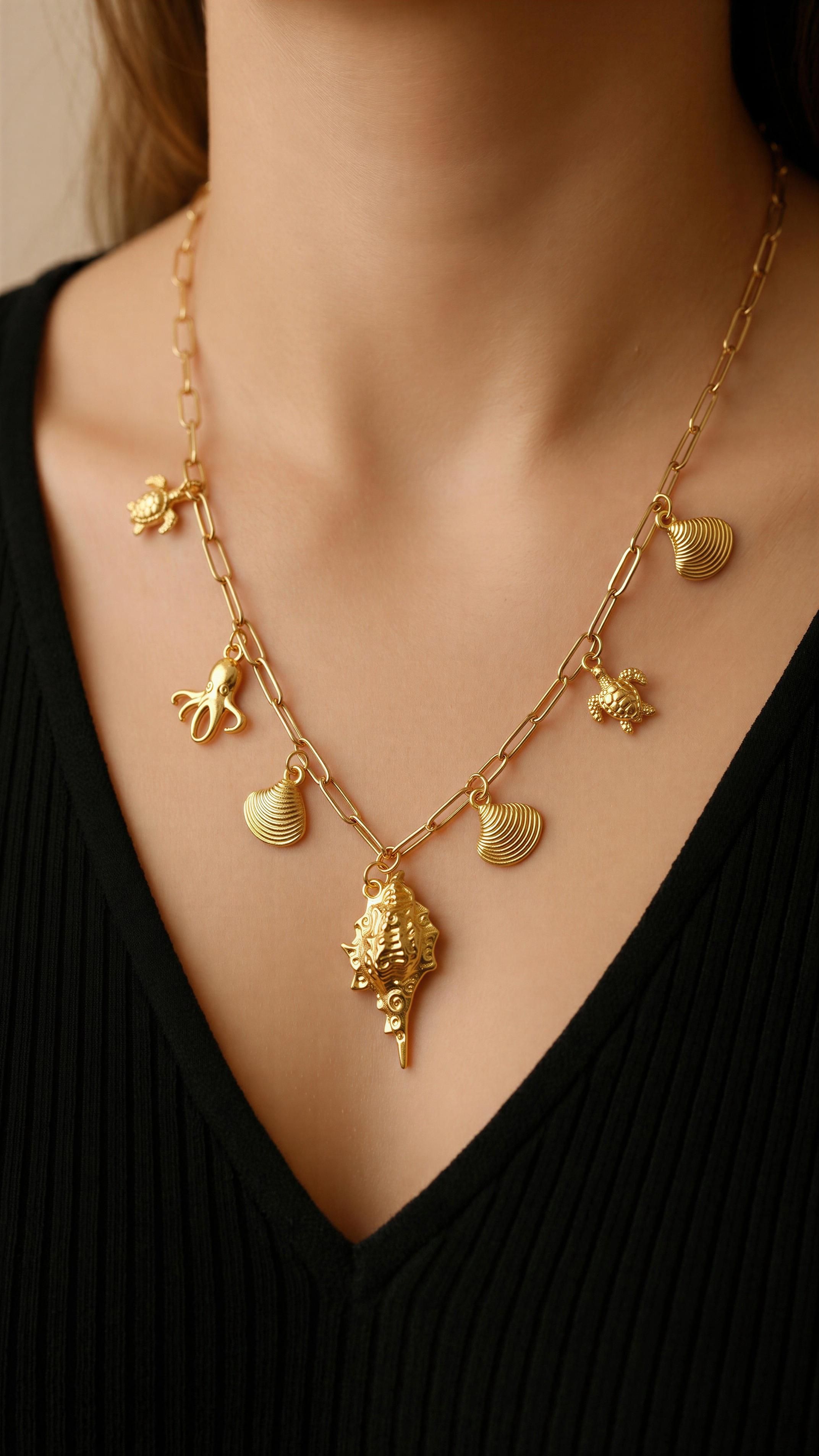 Ocean Charm Necklace Gold Sea Life Pendant Necklace