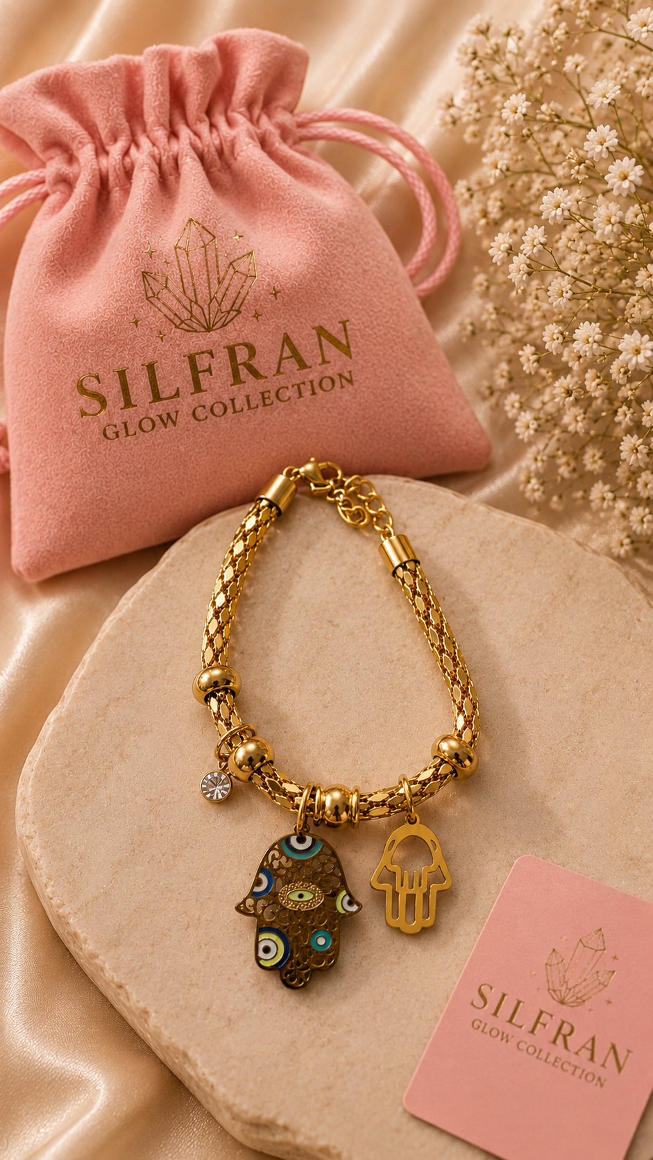A gold-toned braided charm bracelet with Hamsa and evil eye charms, displayed on a beige stone with a pink drawstring pouch, dried flowers, and a branded card. The pouch and card are branded SILFRAN GLOW COLLECTION.