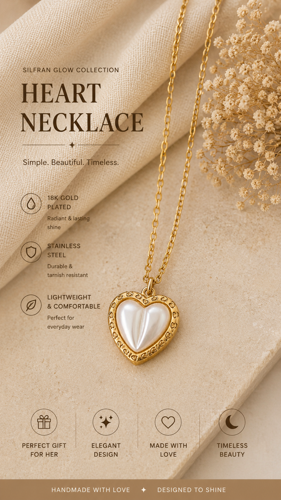 A heart-shaped pendant necklace with a gold-toned frame and a white pearl center, displayed on a beige fabric background with decorative dried flowers and product feature text.