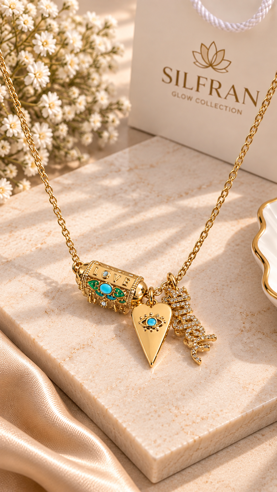 A gold charm necklace with a heart-shaped pendant, a small eye charm, and a crescent moon charm, displayed on a beige stone slab with a Silfran box in the background.
