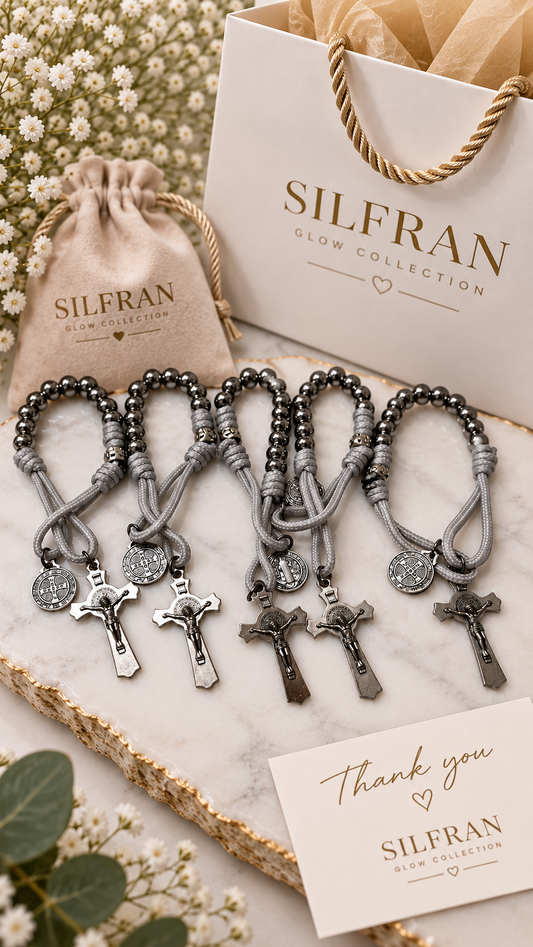 Gray Metallic Beaded Denario Bracelet with Crucifix