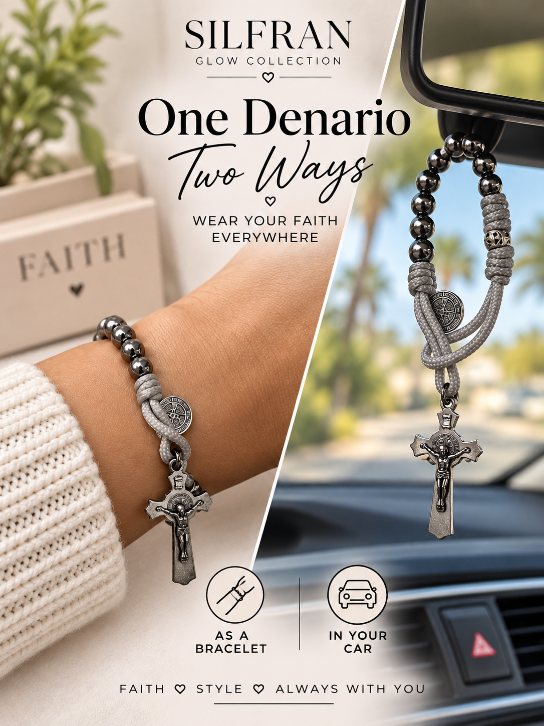 Gray Metallic Beaded Denario Bracelet with Crucifix