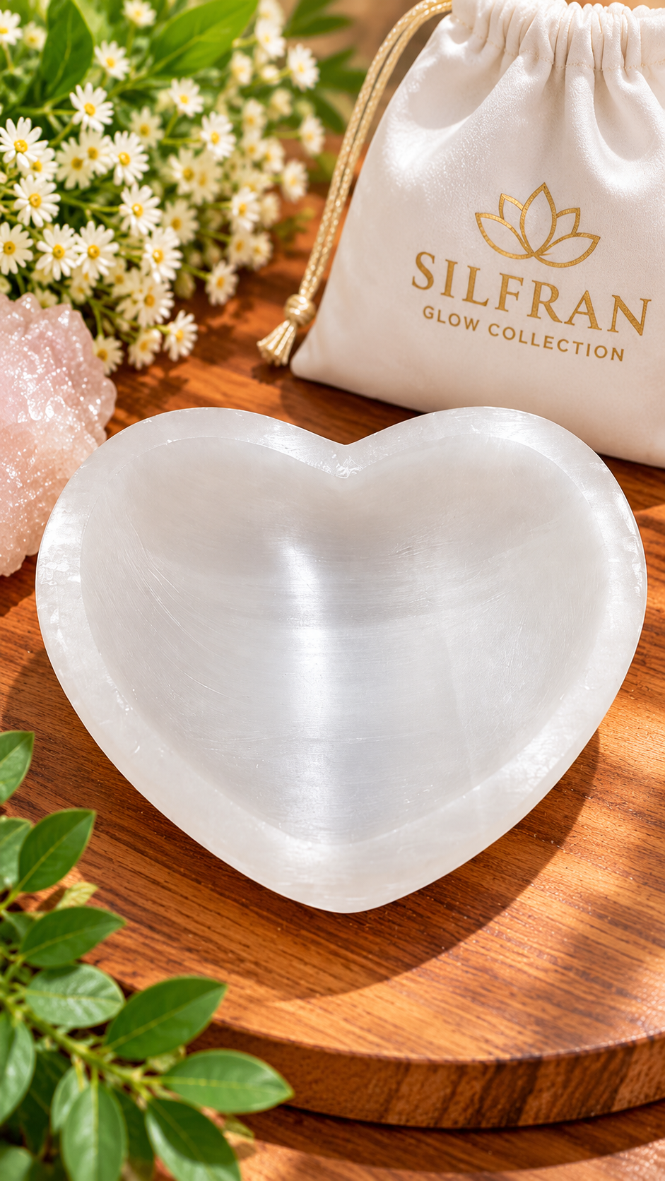 White heart-shaped selenite crystal bowl with a polished finish and natural silky striations.