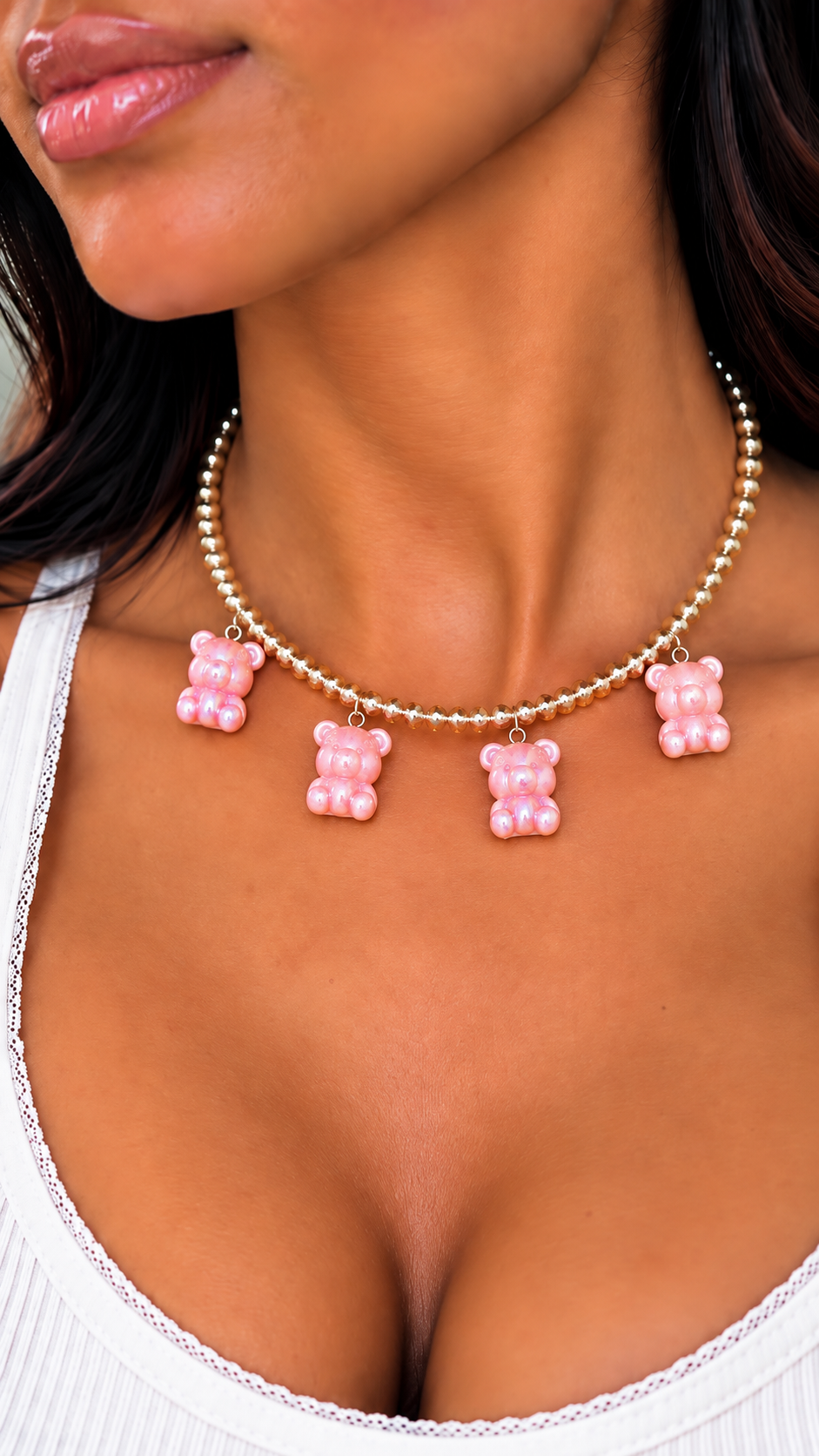 Teddy Bear Charm Necklace Porcelain Jade Glass Beaded Necklace
