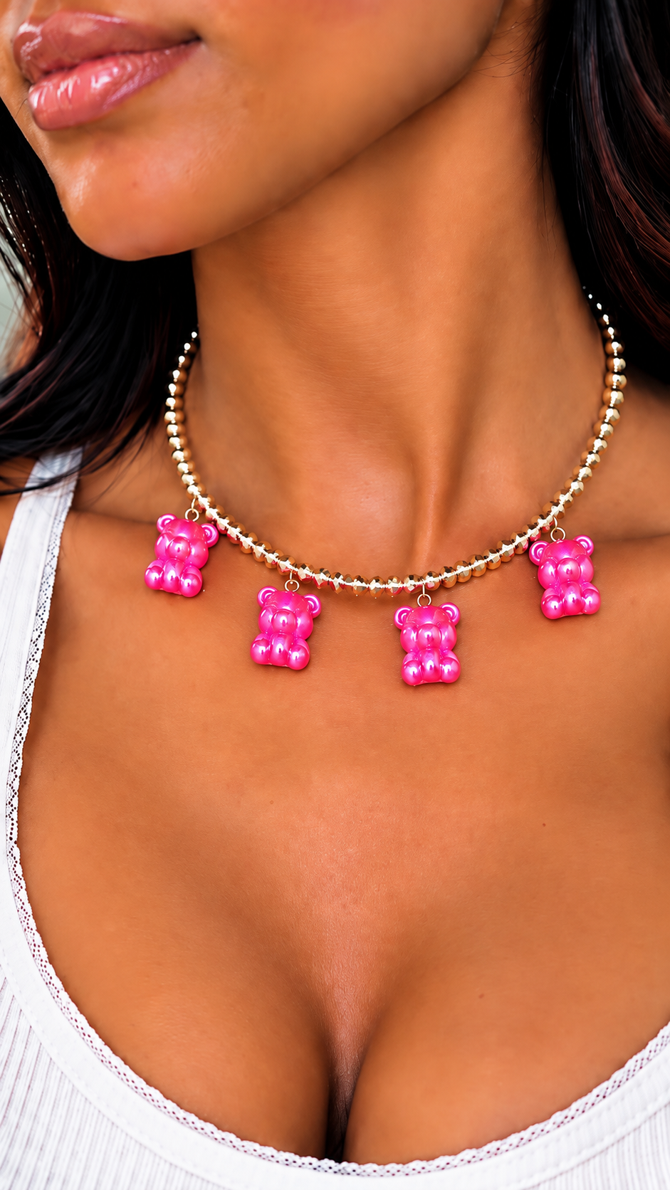 Teddy Bear Charm Necklace Porcelain Jade Glass Beaded Necklace