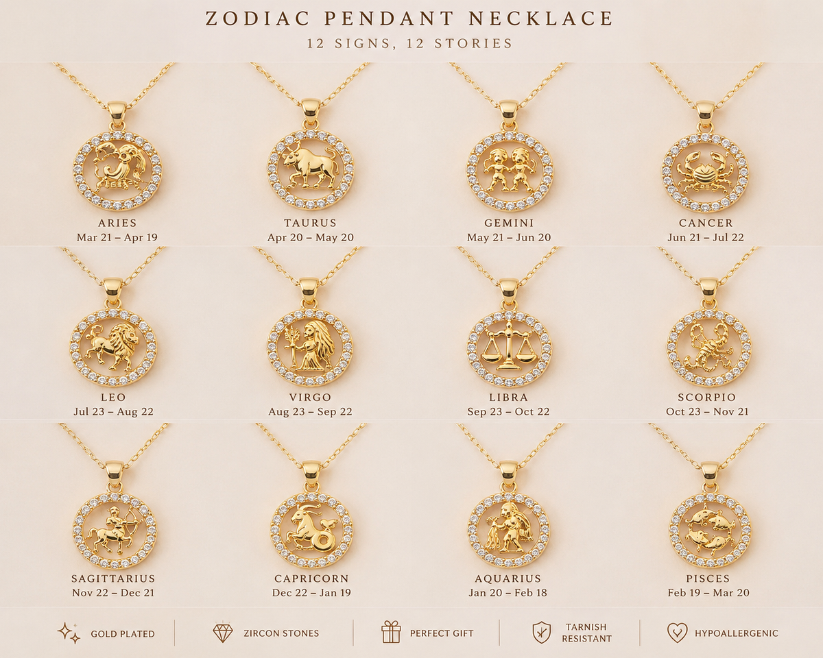 Zodiac pendant necklaces with corresponding zodiac signs on a beige background