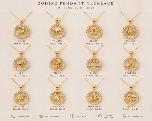 Zodiac pendant necklaces with corresponding zodiac signs on a beige background