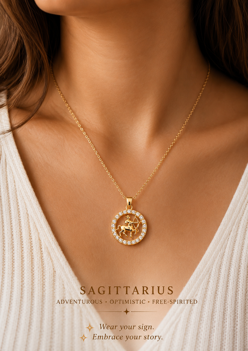 Gold Sagittarius necklace on a person wearing a white top, with text about the zodiac sign.