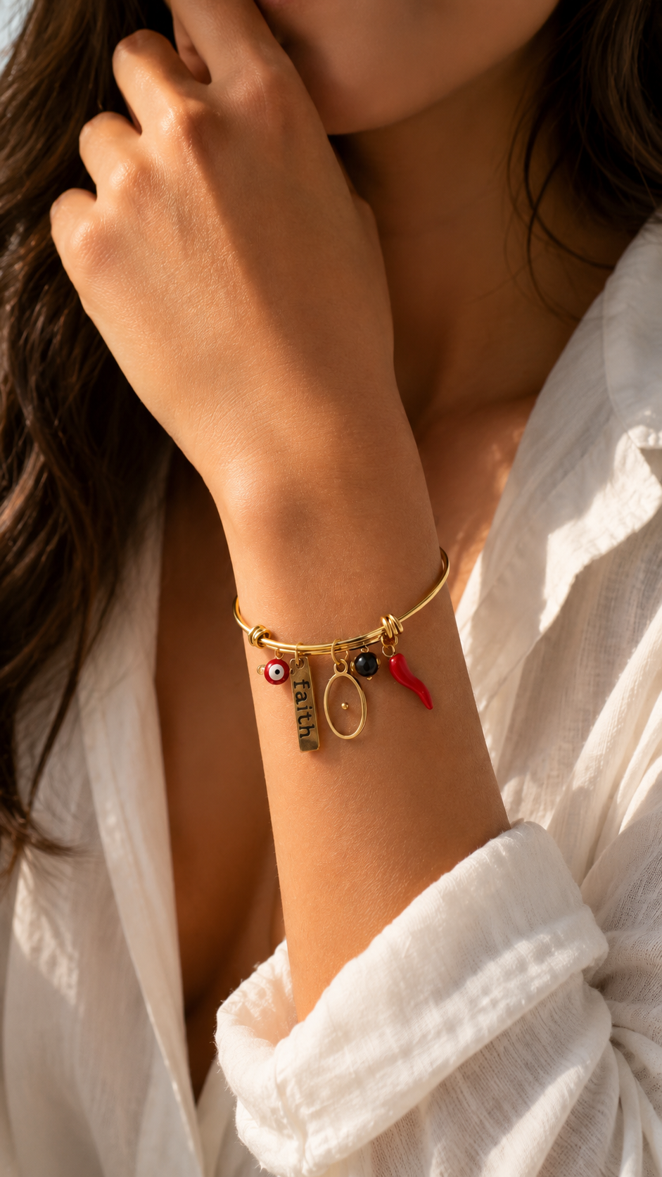 Faith Evil Eye & Red Chili Charm Bangle Bracelet ll