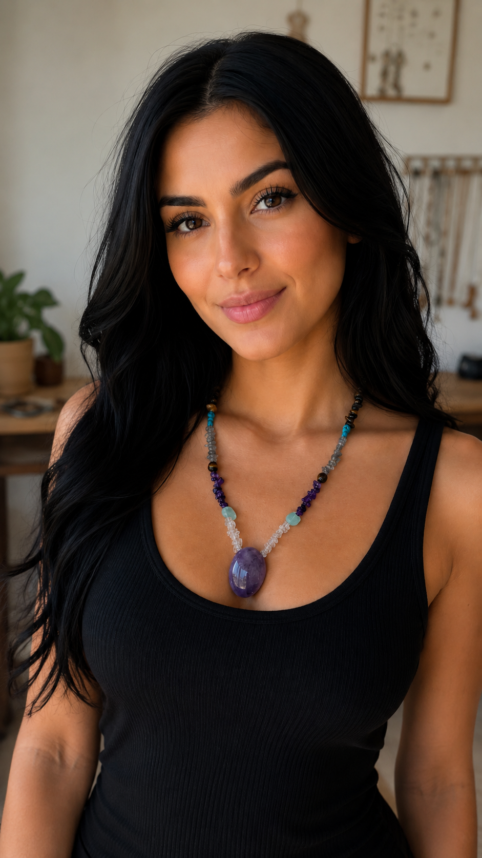 Natural Mixed Gemstone Amethyst Pendant Necklace
