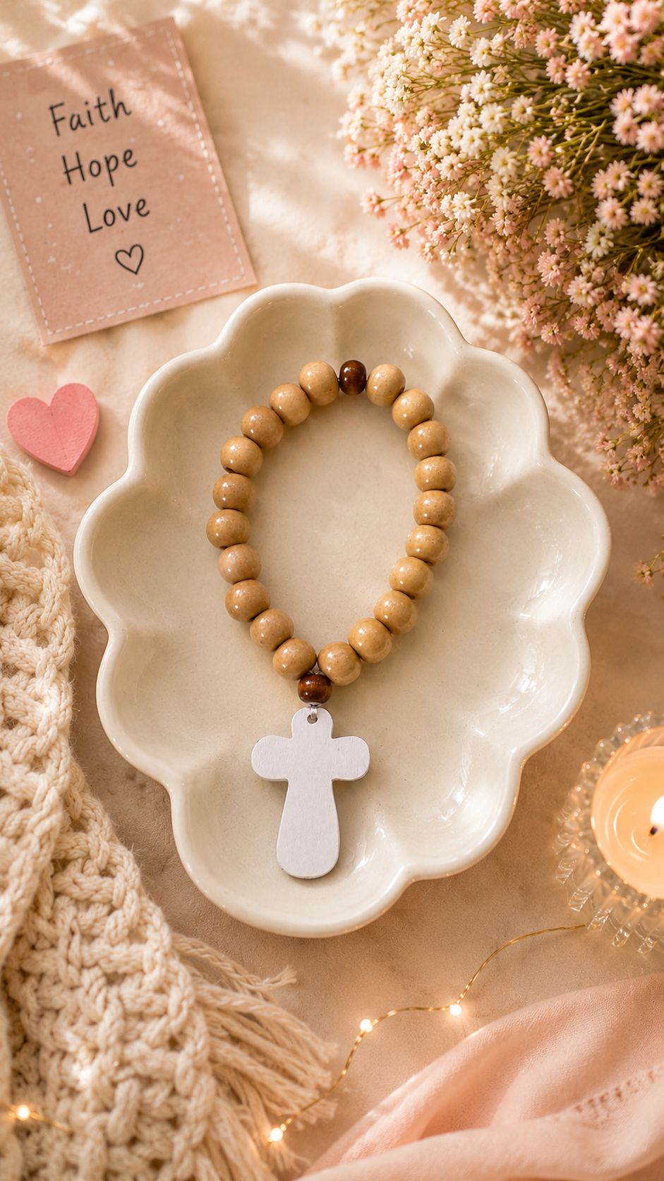 Handmade Wooden Denario Prayer Bracelet with Cross