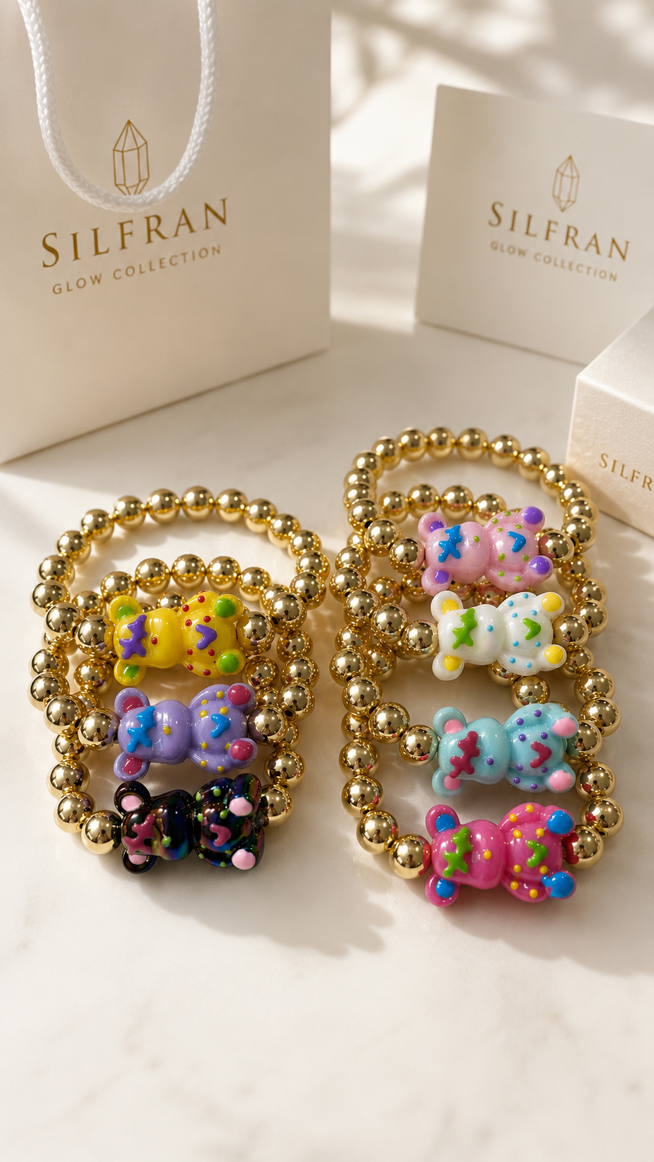 Colorful Bear Charm Gold Bead Bracelet