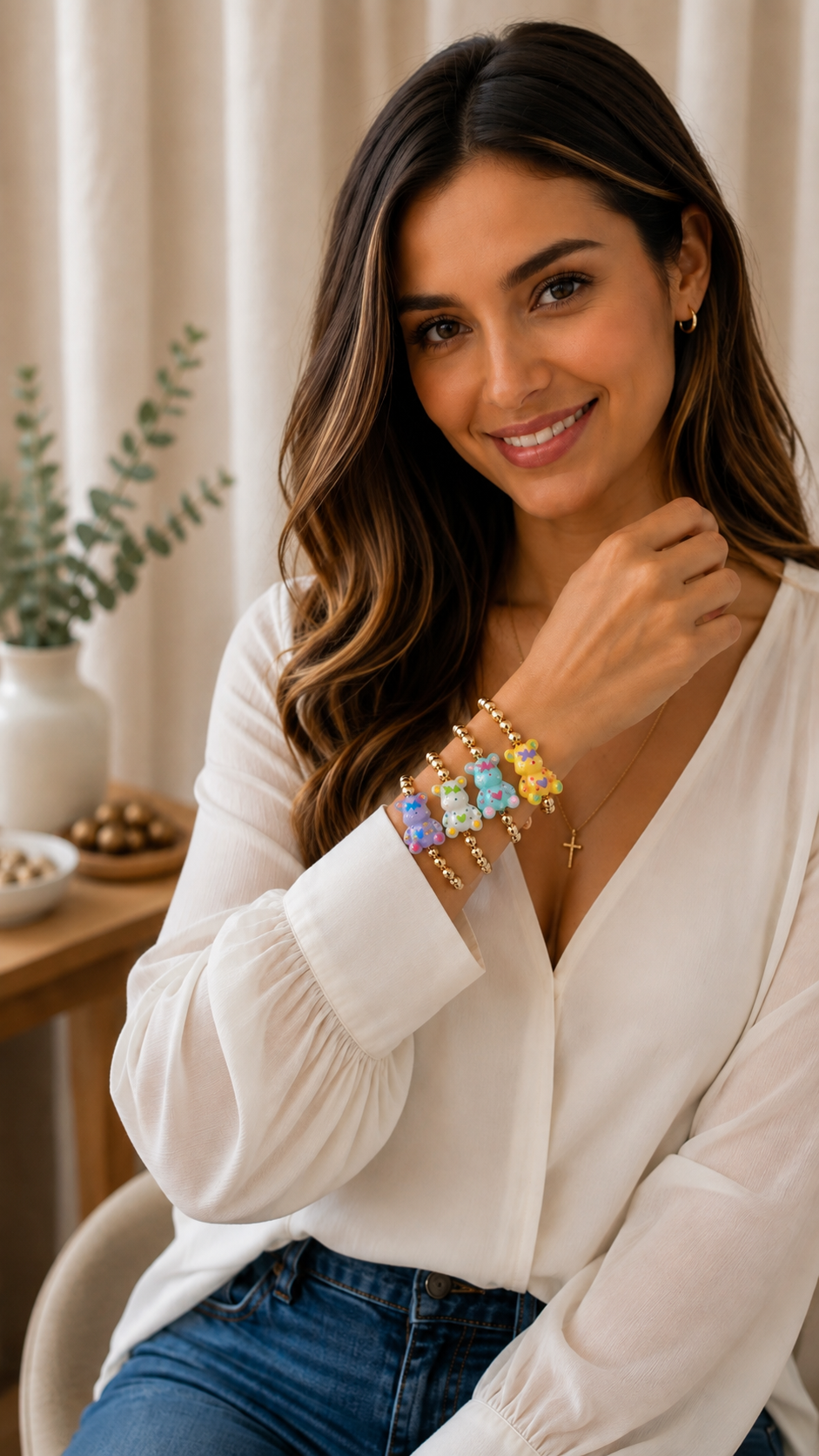 Colorful Bear Charm Gold Bead Bracelet