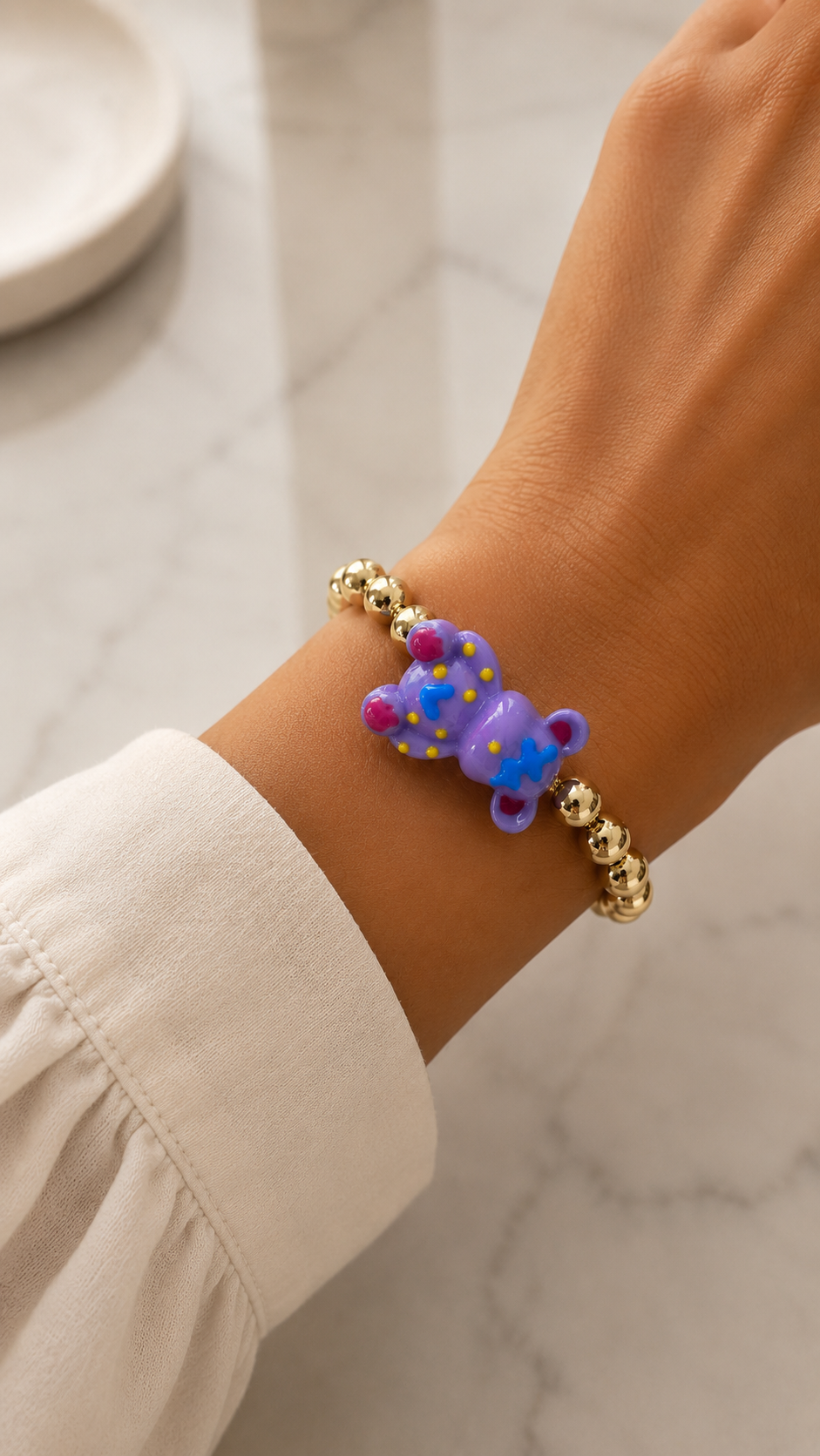 Colorful Bear Charm Gold Bead Bracelet