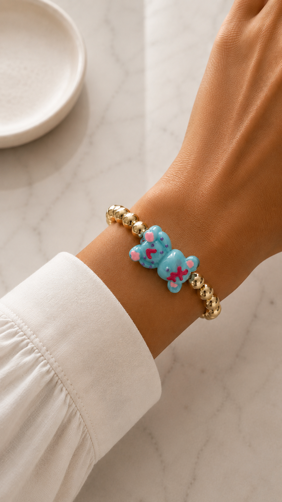 Colorful Bear Charm Gold Bead Bracelet