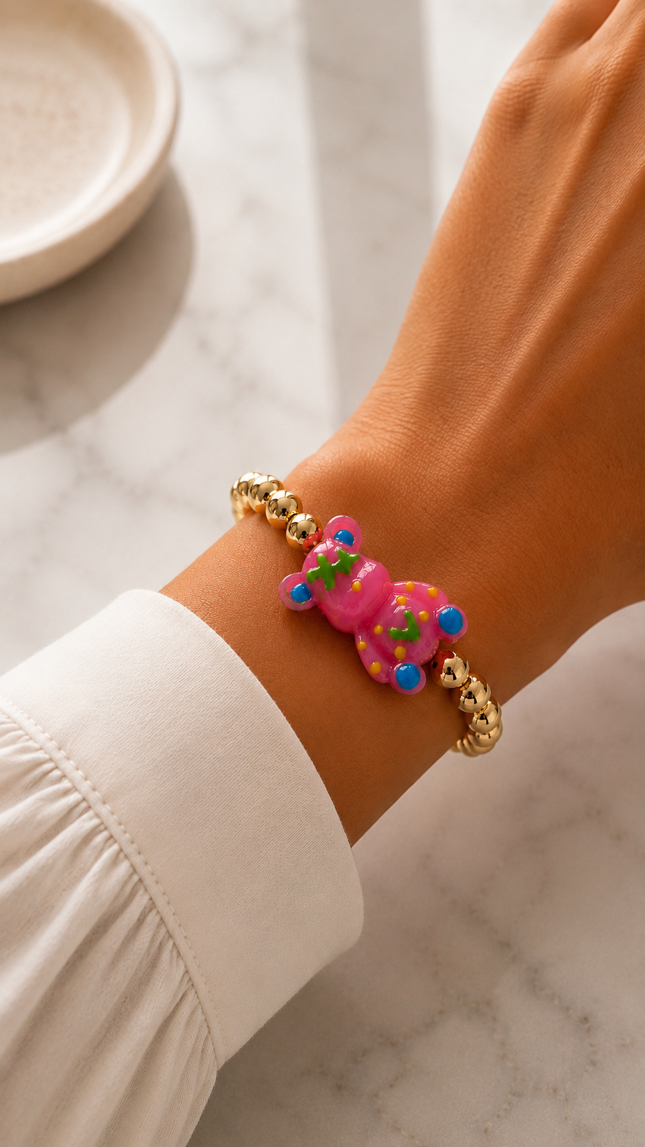 Colorful Bear Charm Gold Bead Bracelet