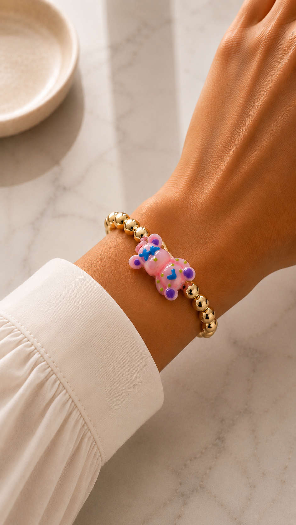 Colorful Bear Charm Gold Bead Bracelet
