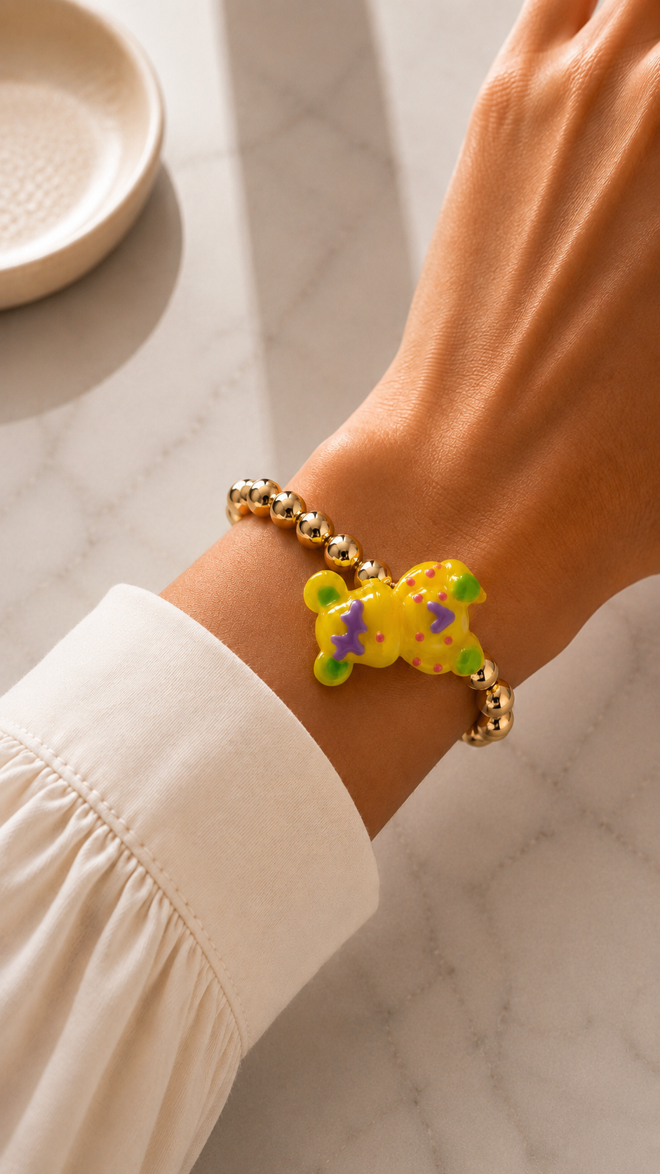 Colorful Bear Charm Gold Bead Bracelet