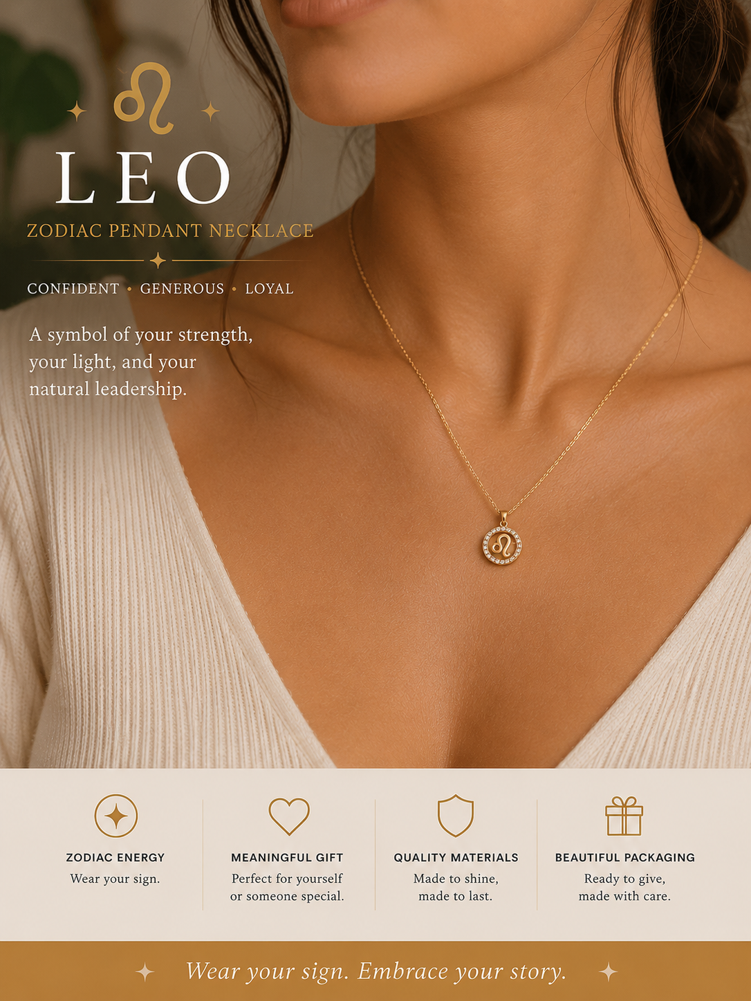 Gold zodiac pendant necklace worn by a model with product details on a beige background