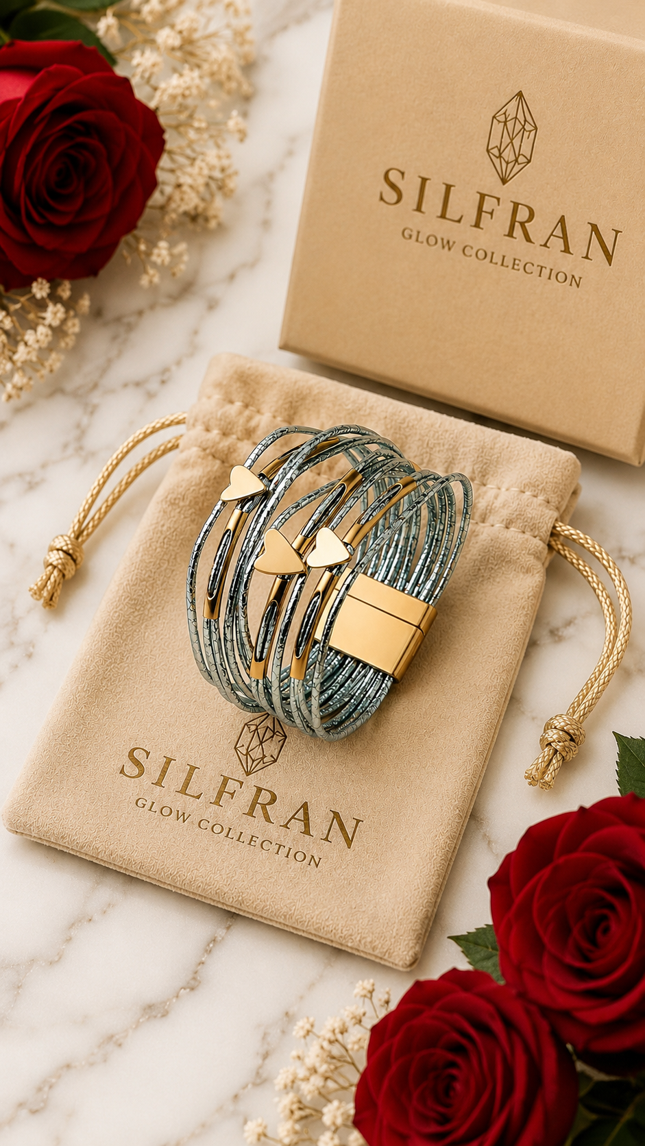 A multi-strand silver-toned bracelet with gold geometric charms is displayed on a beige velvet drawstring pouch, with a matching beige Silfran Glow Collection box and red roses in the background.