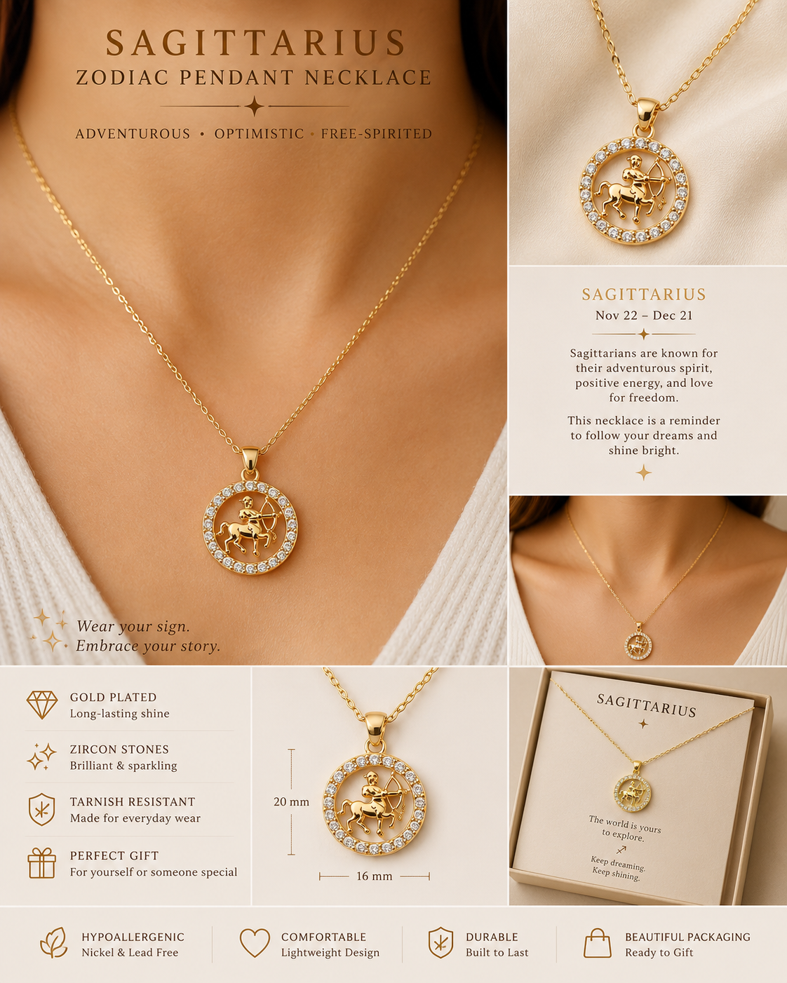 Gold Sagittarius zodiac pendant necklace with packaging and product details.