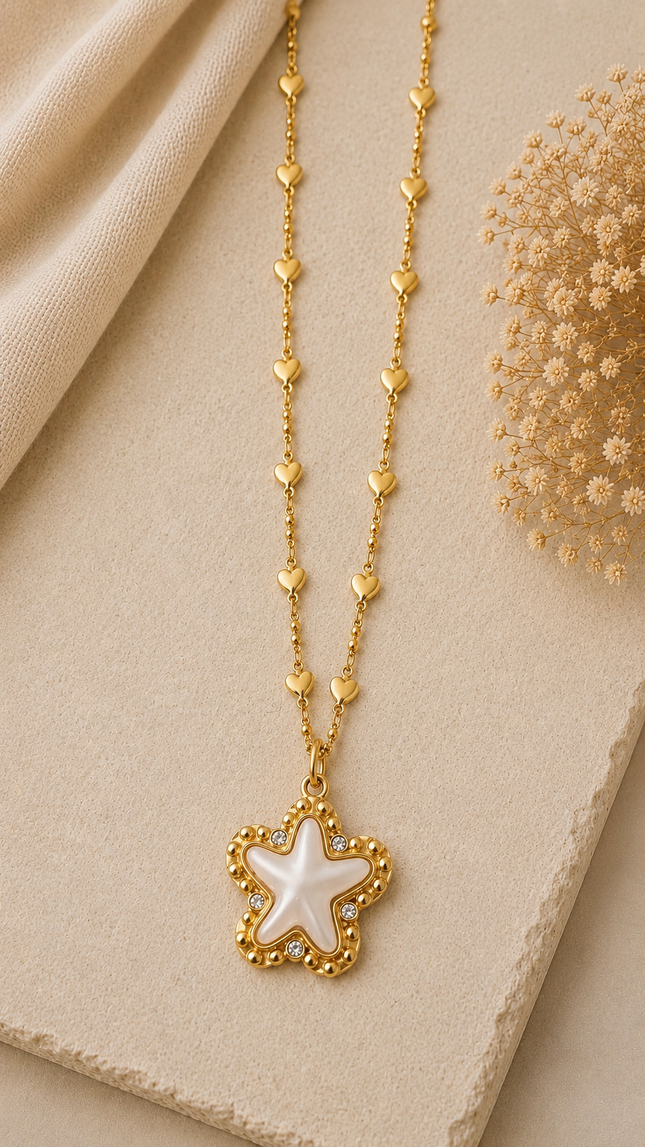 A gold necklace with a star-shaped pendant featuring a white inlay and small clear stones, styled on a beige textured surface with a cream fabric and dried floral decor.