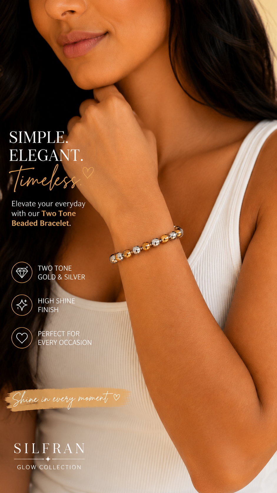 A woman wearing a delicate two-tone beaded bracelet with gold and silver beads, styled on her wrist. The image features promotional text for the 'SILFRAN GLOW COLLECTION' and highlights the bracelet's features.