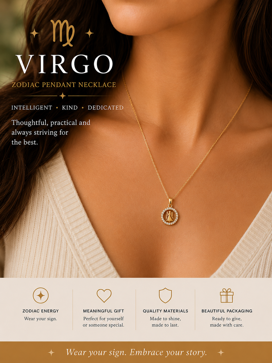 Gold Virgo zodiac pendant necklace on a person wearing a beige sweater.